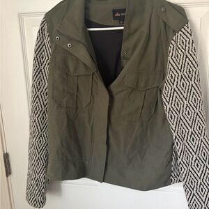 Ella Moss Olive Green Utility Jacket with Black and White Patterned Sleeves